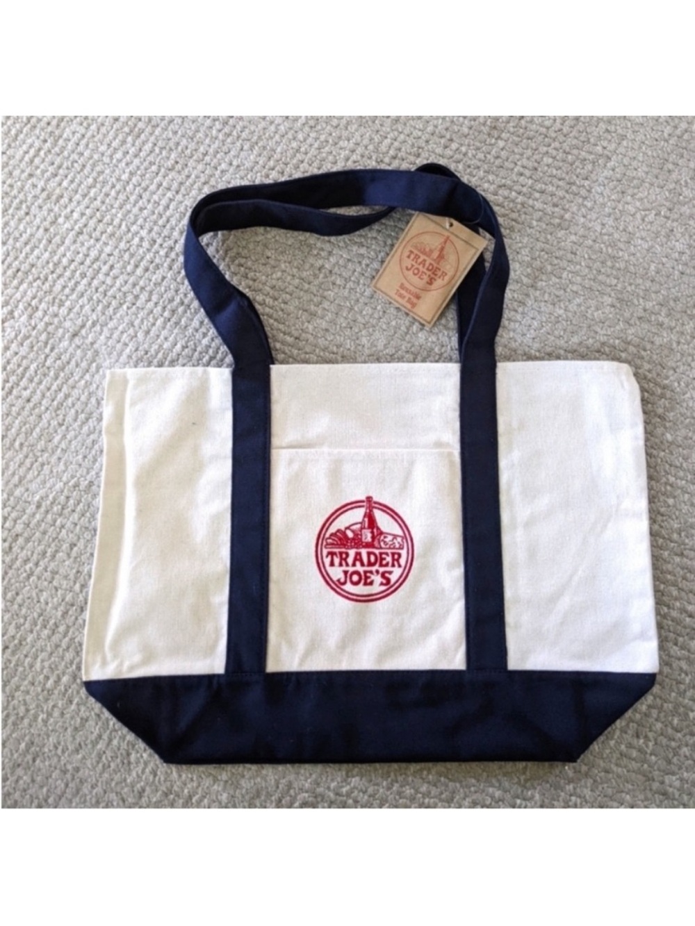 Trader Joe's Cream and Navy Canvas Tote Bag